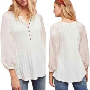 Anthropologie Women's Ivory Blush Pink Henley Blouse Size L Balloon Sleeve